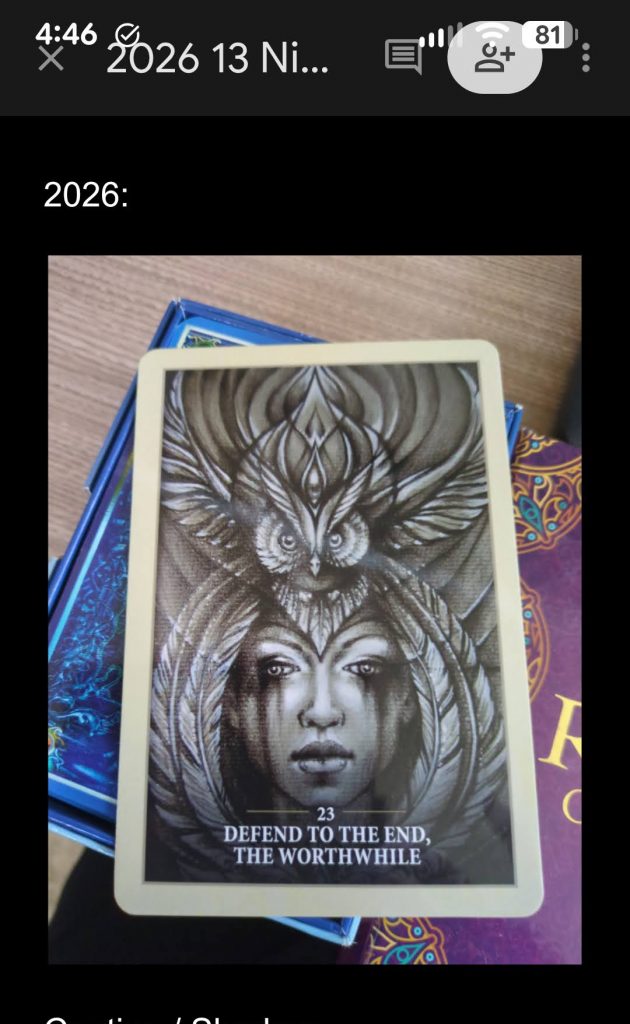 screen shot of my Google Doc containing my 13 Nights cards for 2026. Shows my card for the year, "Defend to the End, The Worthwhile."