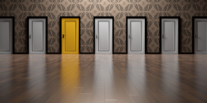 multiple doors, most of which are white except for the chosen one which is yellow