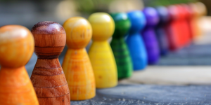 wooden pegs of various colors lined up in a row