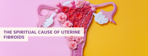text "The Spiritual Cause of Fibroids" over photorealistic background showing flowers arranged in the shape of a uterus
