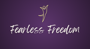Fearless Freedom logo: stylized outline figure dancing joyfully, followed by words Fearless Freedom in script text