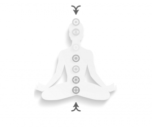 human body seated cross-legged, 7 major chakras depicted along the spine, Core Wounds depicted at Crown and Root chakras