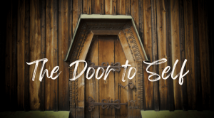 The Door to Self logo - white script text over image of large wooden door