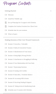 listing of all the welcome materials and sessions in Fearless Freedom