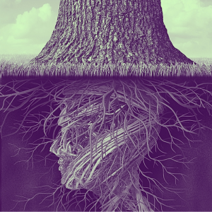 conceptual drawing of tree roots shaped like a human head