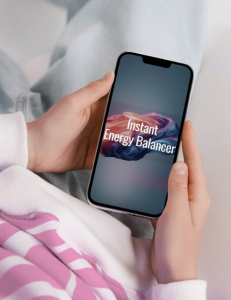 closeup of phone displaying Instant Energy Balancer artwork, being held by unseen person