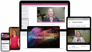 collection of devices displaying different screenshots of Fearless Freedom contents
