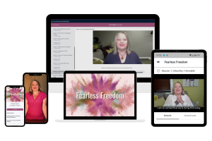 collection of devices displaying different screenshots of Fearless Freedom contents
