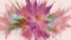 explosion of muted colors (purple, green, brown neutrals) on a light background