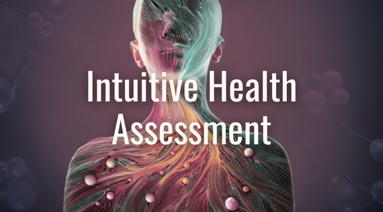 Intuitive Health Assessment logo: text over abstract drawing of human form with light and colors swirling within
