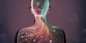 abstract drawing of human form with light and colors swirling within