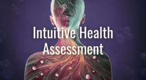 Intuitive Health Assessment logo: text over abstract drawing of human form with light and colors swirling within