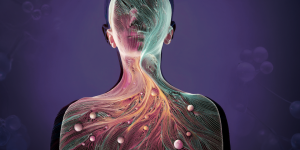 abstract drawing of human form with light and colors swirling within